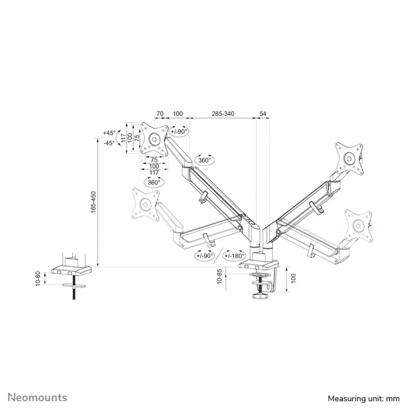 Neomounts DS70-810BL2 monitoriaus laikiklis 17-32 colių - dujinis spyruoklinis - vietą taupantis - 180° ribotuvas
