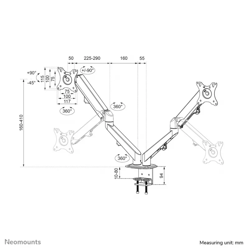 Neomounts DS70-700BL2 Monitoriaus laikiklis 17-27 colių - dujinė spyruoklė, spaustuvas, 7 kg, 43,2 cm (17 inch), 68,6 cm (27 inch), 100 x 100 mm, juoda