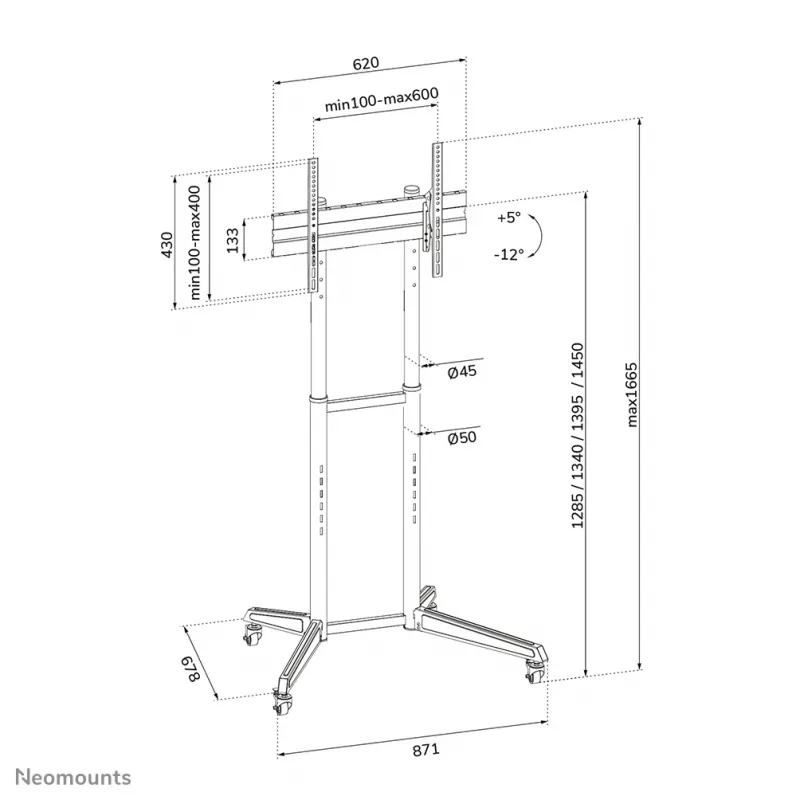 Neomounts FL50-540BL1 TV stovas-ant ratukų 37-70 col., juodas, nešiojamas ant grindų stovintis stovas, plienas, 50 kg, 94 cm (37 col.), 177,8 cm (70 col.)