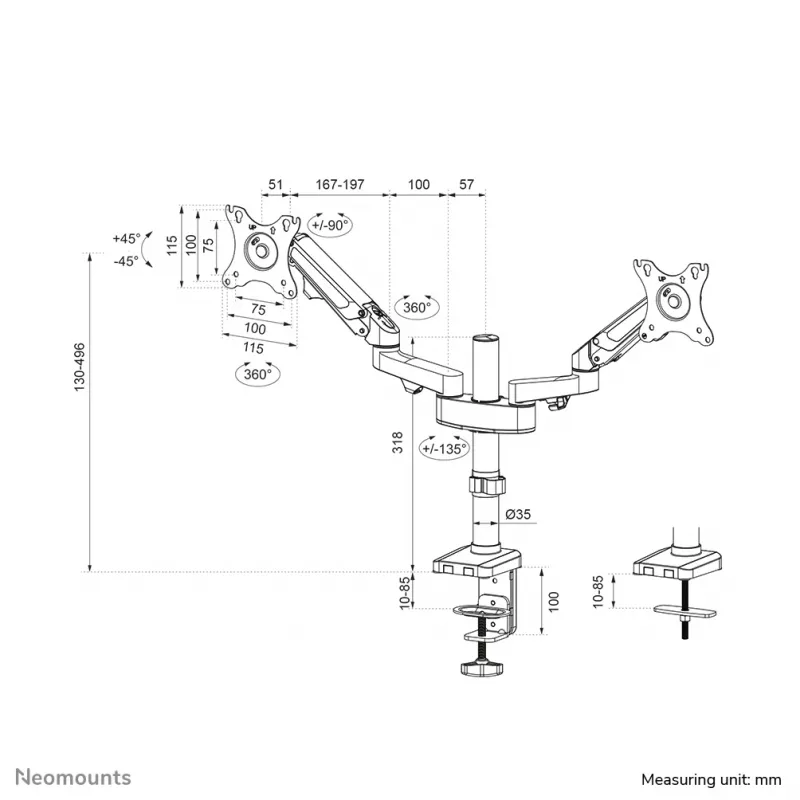Neomounts DS70-750BL2 Monitoriaus rankena 17-27 col. - dujinė spyruoklė, Spaustuvas / Grommet, 7 kg, 43.2 cm (17 inch), 68.6 cm (27 inch), 100 x 100 mm, Juoda