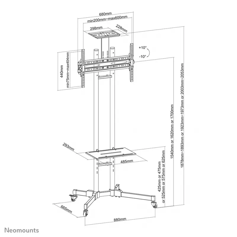 Neomounts PLASMA-M1700E televizoriaus stovas 32-70 colių, juodas, nešiojamas grindų stovas, plienas, 50 kg, 81,3 cm (32 colių), 177,8 cm (70 colių)