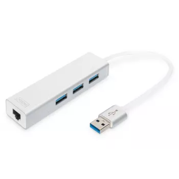DIGITUS USB 3.0, 3 prievadų HUB ir Gigabit LAN adapteris 3xUSB A/F, 1xUSB A/M, 1xRJ45 LAN Palaiko Windows ir Mac OS
