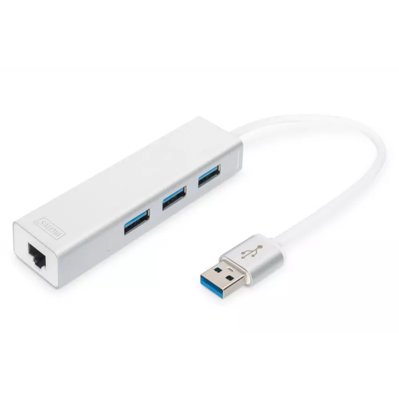DIGITUS USB 3.0, 3 prievadų HUB ir Gigabit LAN adapteris 3xUSB A/F, 1xUSB A/M, 1xRJ45 LAN Palaiko Windows ir Mac OS