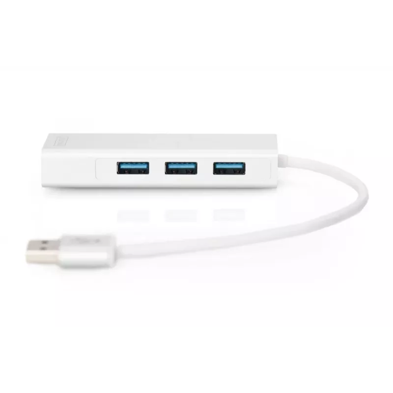 DIGITUS USB 3.0, 3 prievadų HUB ir Gigabit LAN adapteris 3xUSB A/F, 1xUSB A/M, 1xRJ45 LAN Palaiko Windows ir Mac OS