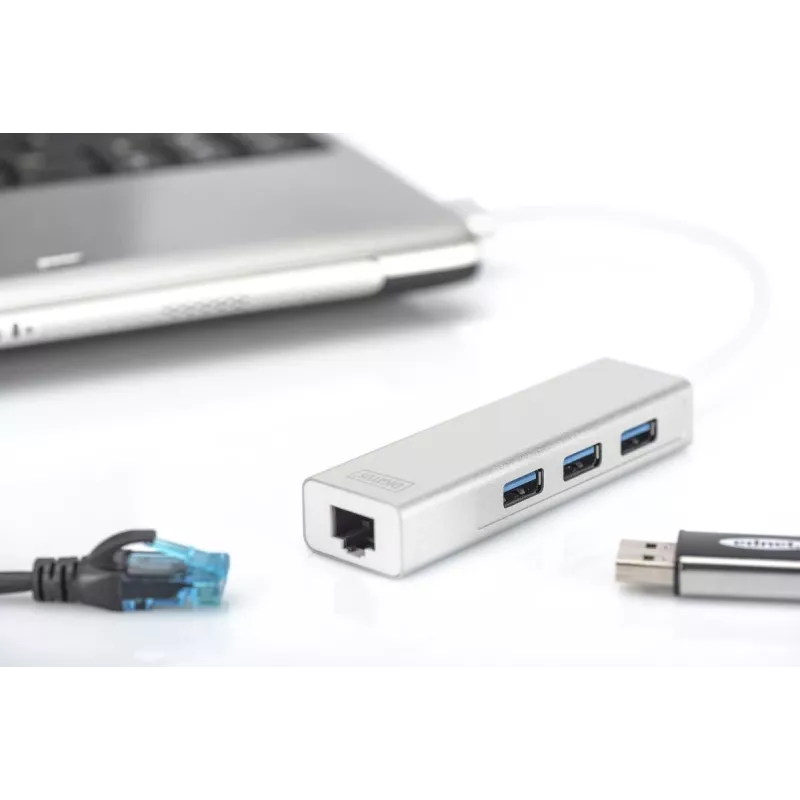 DIGITUS USB 3.0, 3 prievadų HUB ir Gigabit LAN adapteris 3xUSB A/F, 1xUSB A/M, 1xRJ45 LAN Palaiko Windows ir Mac OS
