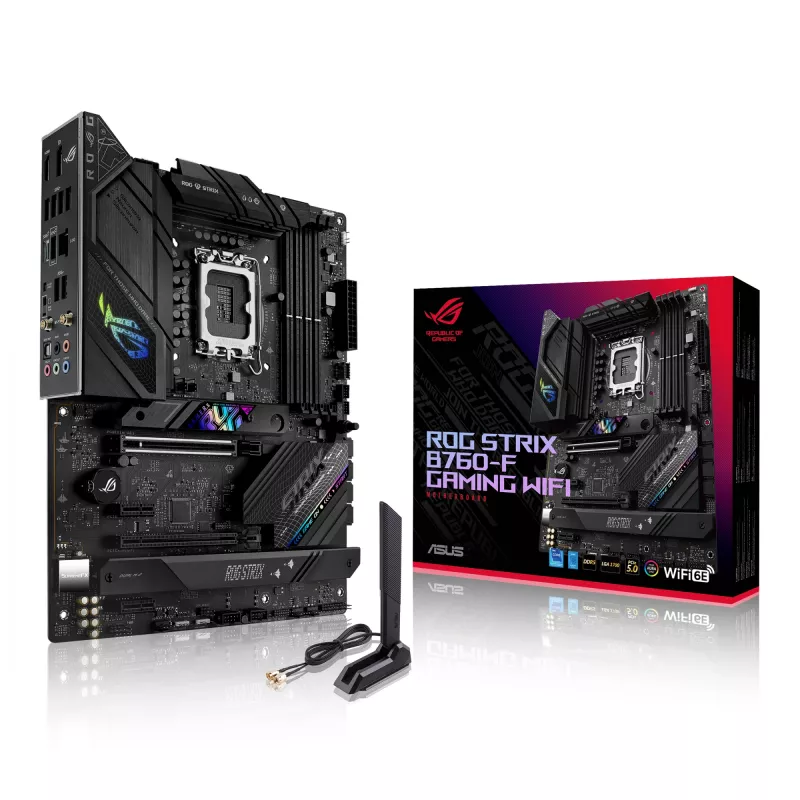 Pagrindinė plokštė ASUS ROG STRIX B760-F GAMING WIFI — Intel B760, LGA 1700, ATX, DDR5, 4 DIMM, Wi‑Fi 6E, 2.5Gb LAN