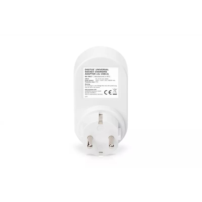 DIGITUS maitinimo adapteris su 2 USB prievadais 250 V, 50 Hz, USB: 5 V, 2,1 A, balta / pilka