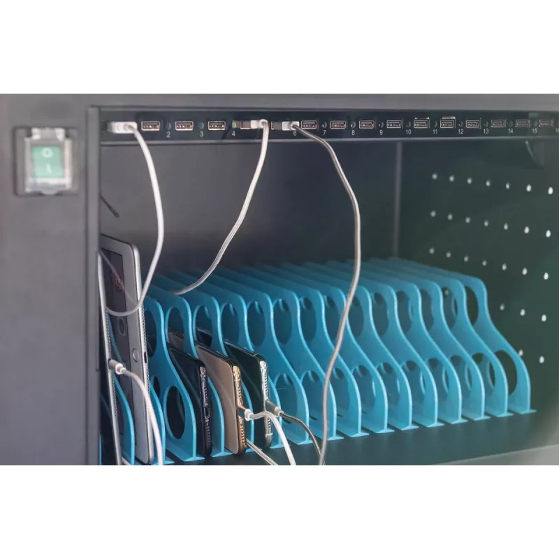 DIGITUS įkrovimo vežimėlis, 16 įkrovimo vietų, 14 colių, juodas 384 x 550 x 375 mm, elektr. užraktas, įsk. USB, ventiliatorius