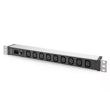 DIGITUS 1U aliumininis PDU stelažinis 9x C13 10A 230VAC 50/60Hz IEC C14 įvadas 10A saugiklis