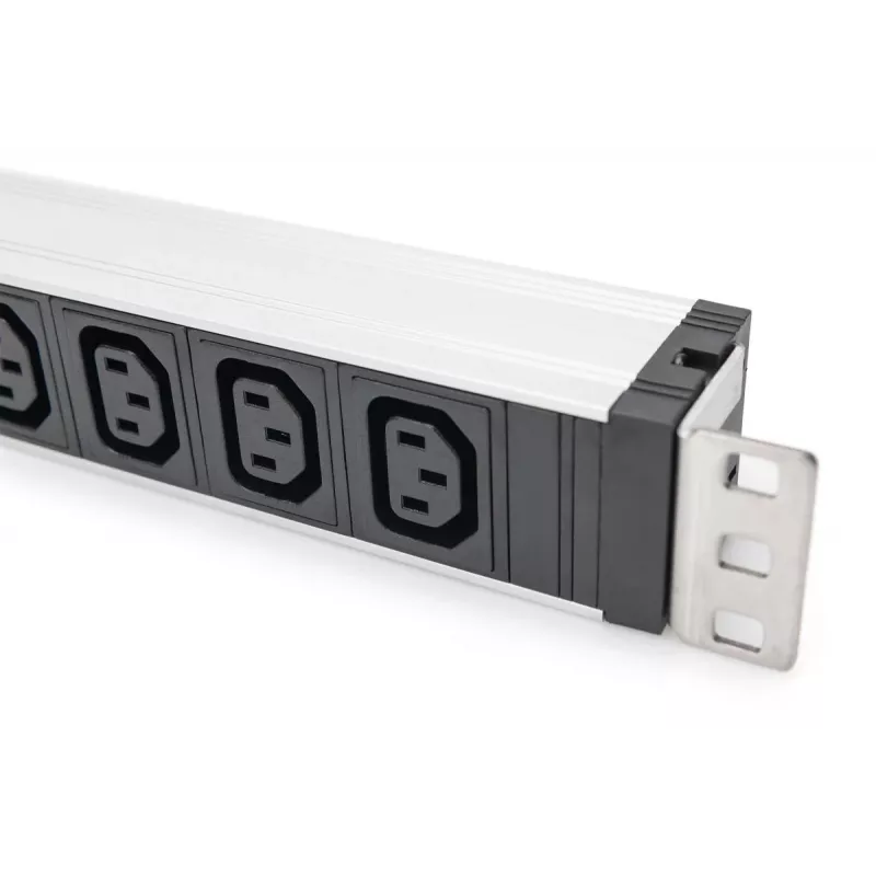 DIGITUS 1U aliumininis PDU stelažinis 9x C13 10A 230VAC 50/60Hz IEC C14 įvadas 10A saugiklis