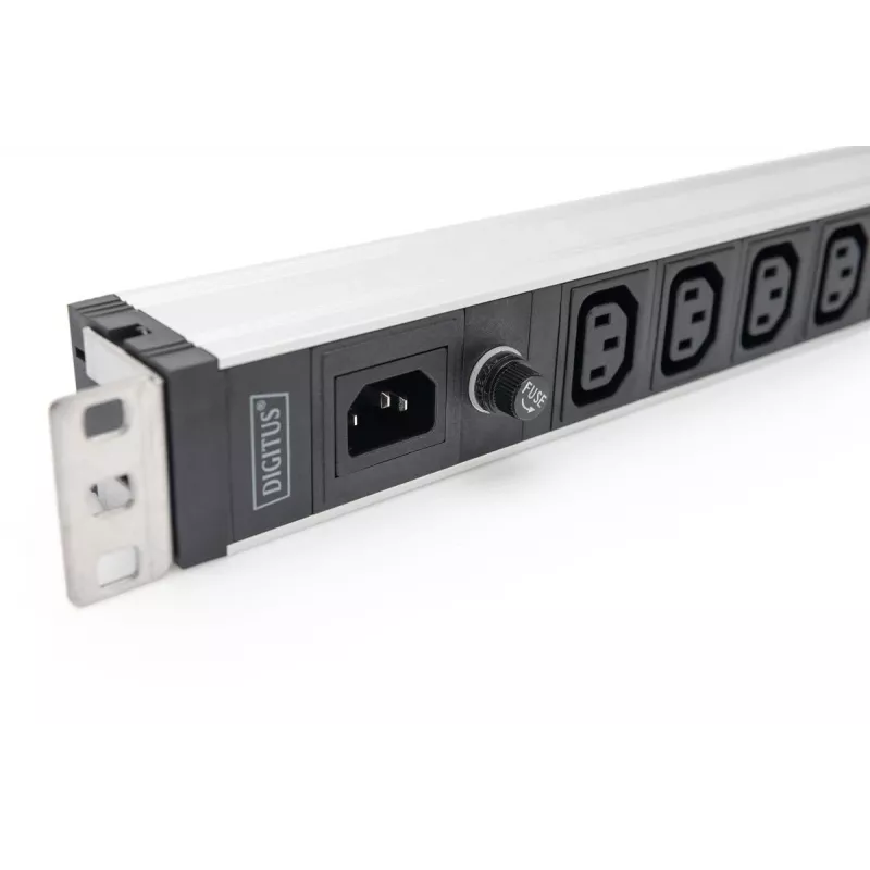DIGITUS 1U aliumininis PDU stelažinis 9x C13 10A 230VAC 50/60Hz IEC C14 įvadas 10A saugiklis