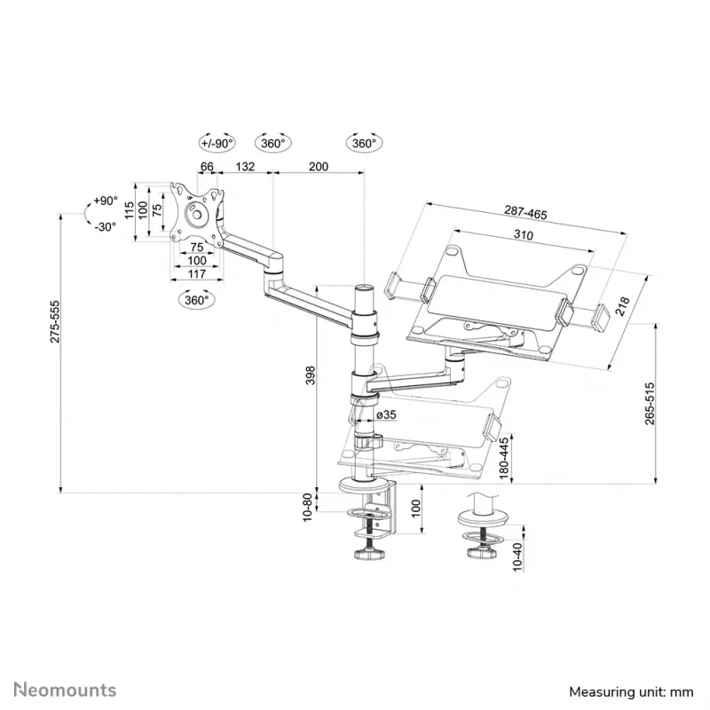 Neomounts DS20-425BL2 Monitoriaus laikiklis su nešiojamojo kompiuterio laikikliu 17-27 col. - taupantis vietą