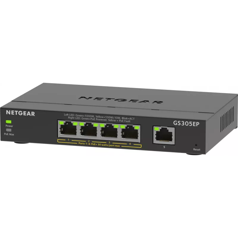 NETGEAR 5 prievadų gigabitinio eterneto PoE+ Plus komutatorius (GS305EP) valdomas L2/L3 gigabitinis eternetas (10/100/1000) maitinimas eterneto kabeliu (PoE) juodas