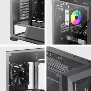 PC Midi Tower korpusas XILENCE XG151 — juodas, palaiko ATX/Micro-ATX/Mini-ITX, apatinis PSU, 2x 3,5 colio + 4x 2,5 colio nišos