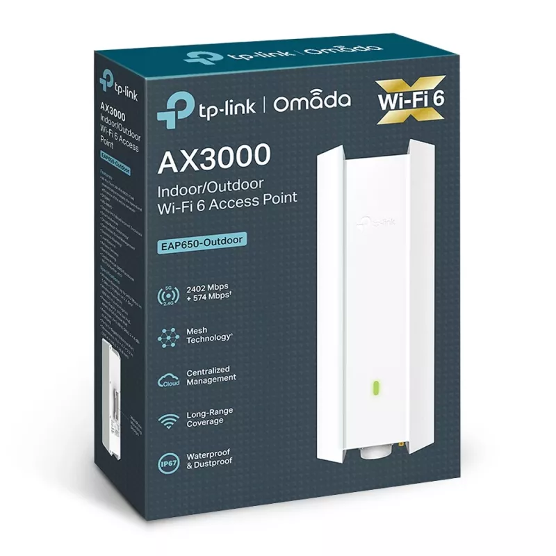 TP-Link Omada AX3000 vidaus/lauko „WiFi 6“ prieigos taškas, 2,4 GHz, 5 GHz, 3000 Mbit/s, WPA, WPA-Enterprise, WPA2, WPA2-Enterprise, WPA3, WPA3-Enterprise, 10,100,1000 Mbit/s
