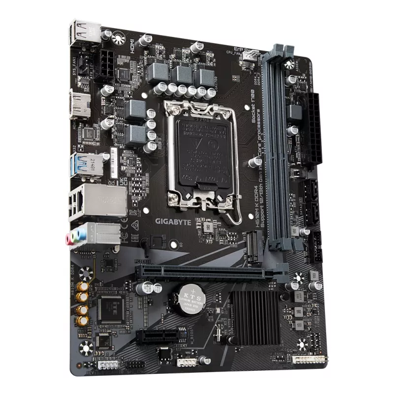 GIGABYTE H610M K DDR4 pagrindinė plokštė – palaiko Intel Core 14-os kartos procesorius, 3+1+1 fazių hibridinį maitinimo dizainą, iki 3200 MHz DDR4, 1xPCIe 3.0 M.2, GbE LAN, USB 3.2 Gen 1