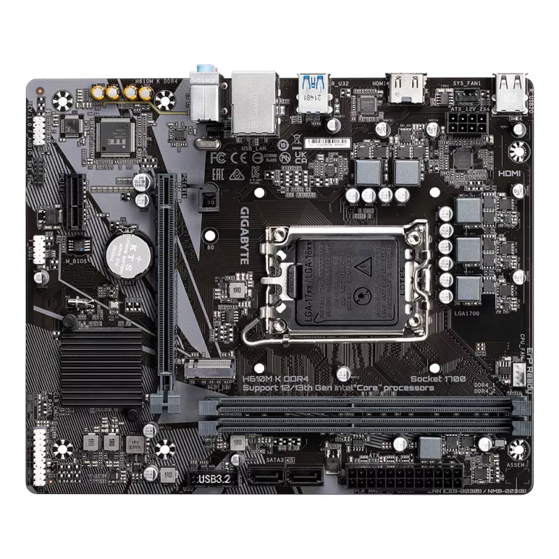 GIGABYTE H610M K DDR4 pagrindinė plokštė – palaiko Intel Core 14-os kartos procesorius, 3+1+1 fazių hibridinį maitinimo dizainą, iki 3200 MHz DDR4, 1xPCIe 3.0 M.2, GbE LAN, USB 3.2 Gen 1
