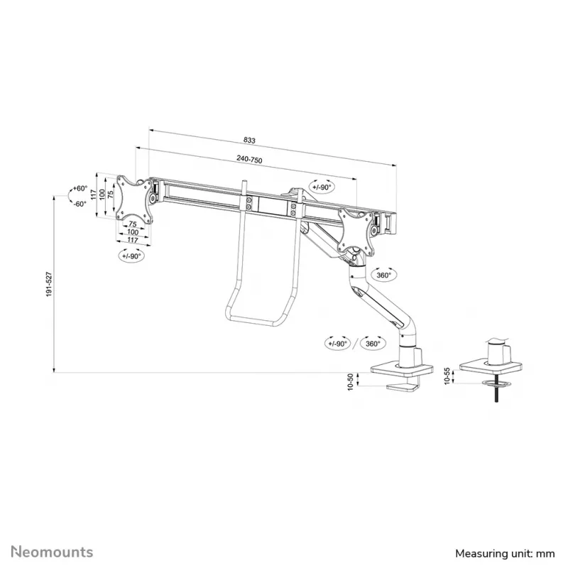 Neomounts DS75S-950BL2 Monitorio laikiklis 17-32 coliai - dujų spyruoklė - viršutinis tvirtinimas - 180° stabdymas