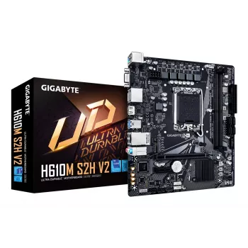GIGABYTE H610M S2H V2 pagrindinė plokštė – palaiko Intel Core 14-os kartos procesorius, 4+1+1 hibridinių fazių skaitmeninį VRM, iki 5600 MHz DDR5, 1xPCIe 3.0 M.2, GbE LAN, USB 3.2 Gen 1