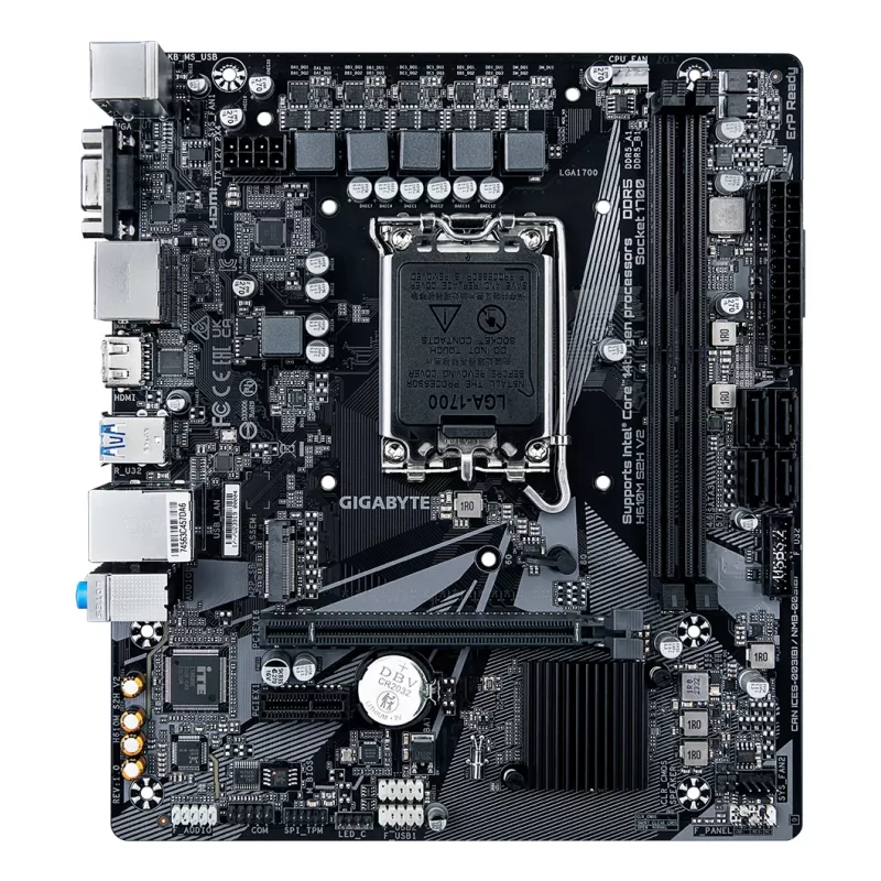 GIGABYTE H610M S2H V2 pagrindinė plokštė – palaiko Intel Core 14-os kartos procesorius, 4+1+1 hibridinių fazių skaitmeninį VRM, iki 5600 MHz DDR5, 1xPCIe 3.0 M.2, GbE LAN, USB 3.2 Gen 1