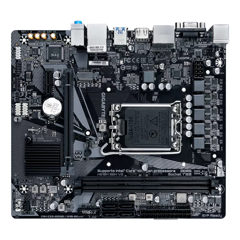 GIGABYTE H610M S2H V2 pagrindinė plokštė – palaiko Intel Core 14-os kartos procesorius, 4+1+1 hibridinių fazių skaitmeninį VRM, iki 5600 MHz DDR5, 1xPCIe 3.0 M.2, GbE LAN, USB 3.2 Gen 1