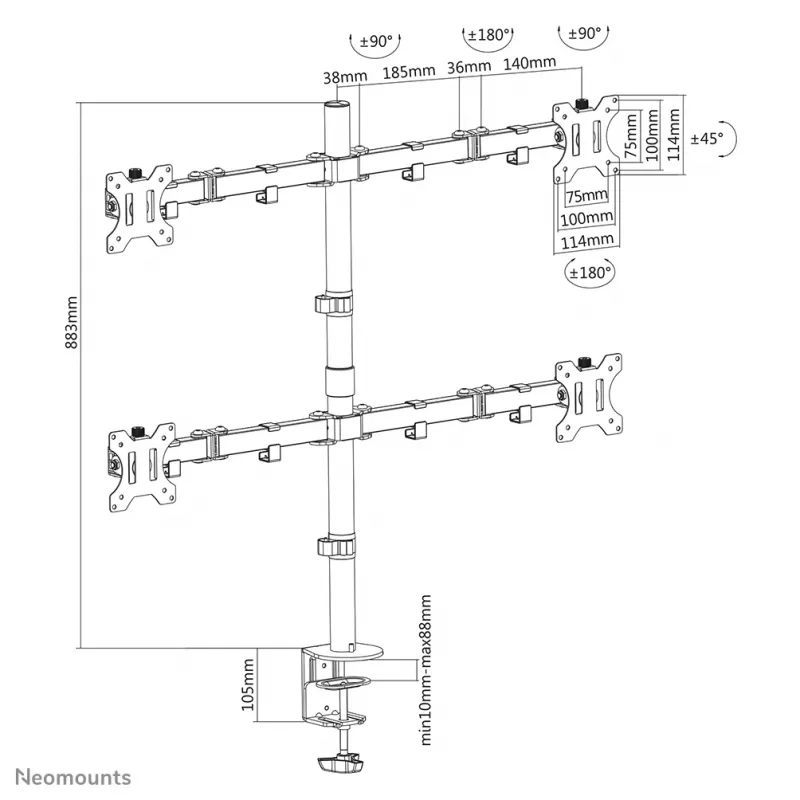 Neomounts FPMA-D550D4Juoda monitoriaus laikiklis 13-32 colių, Spaustuvas / Grometas, 6 kg, 33 cm (13 colių), 81,3 cm (32 colių), 100 x 100 mm, Juoda