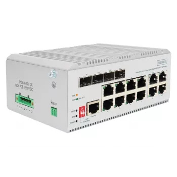 DIGITUS Gigabit Ethernet tinklo PoE komutatorius - 8 pramoniniai prievadai, L2 valdomas, 4 SFP aukštutinio ryšio prievadai