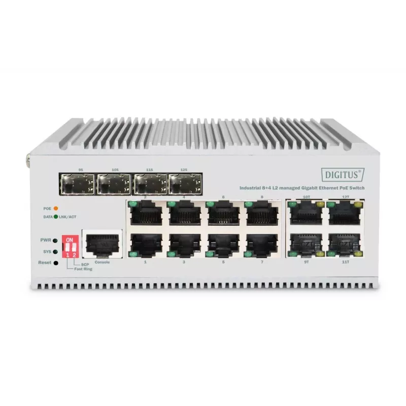 DIGITUS Gigabit Ethernet tinklo PoE komutatorius - 8 pramoniniai prievadai, L2 valdomas, 4 SFP aukštutinio ryšio prievadai