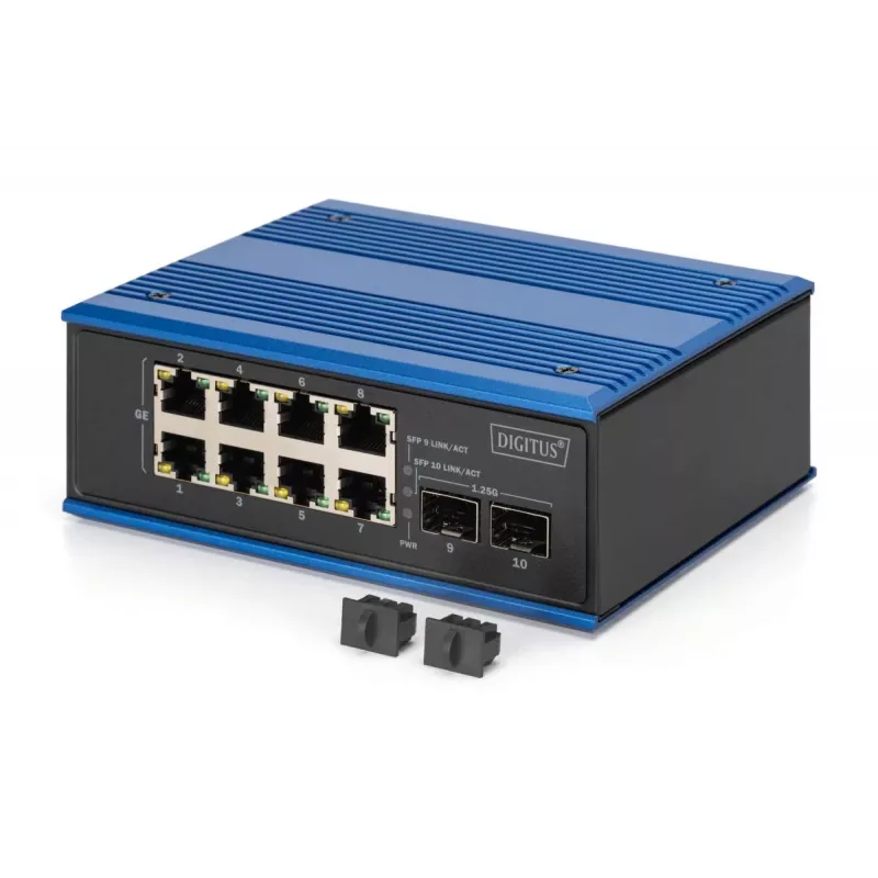 DIGITUS Industrial 8+2 prievadų Gigabit Ethernet PoE komutatorius, 8 prievadai GE PoE RJ45, 2 GE SFP prievadai
