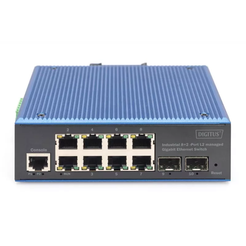 DIGITUS Industrial 8+2 prievadų L2 valdomas gigabitinis eterneto komutatorius 8x GE RJ45 + 2 SFP prievadai