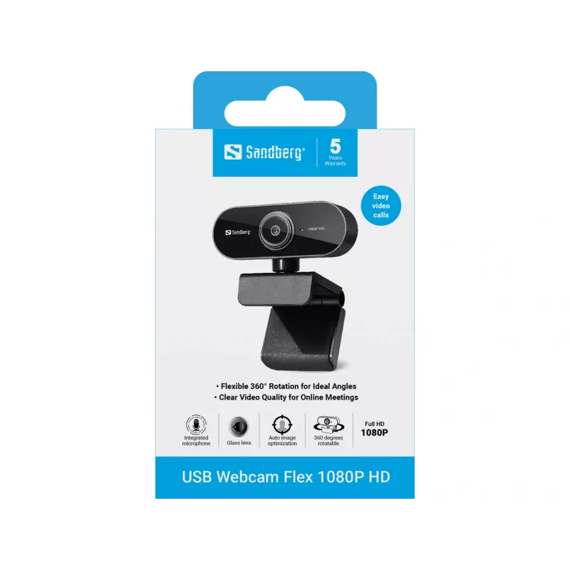 Sandberg USB Webcam Flex 1080P HD, 2 MP, 1920 x 1080 pikselių, Full HD, 30 kadrų per sekundę, USB, juoda