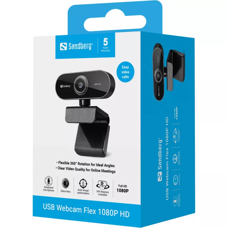 Sandberg USB Webcam Flex 1080P HD, 2 MP, 1920 x 1080 pikselių, Full HD, 30 kadrų per sekundę, USB, juoda