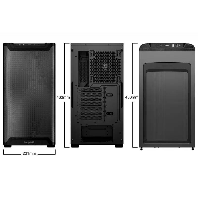 PC korpusas bequiet! PURE BASE 501 Airflow Window MIDI Tower — ATX, grūdintas stiklas, 3x140/240mm palaikymas, 2x3,5 colio + 5x2,5 colio, USB-A x2, USB-C x1