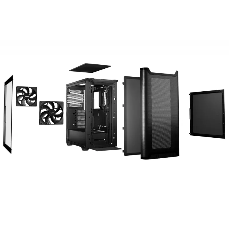 PC korpusas bequiet! PURE BASE 501 Airflow Window MIDI Tower — ATX, grūdintas stiklas, 3x140/240mm palaikymas, 2x3,5 colio + 5x2,5 colio, USB-A x2, USB-C x1