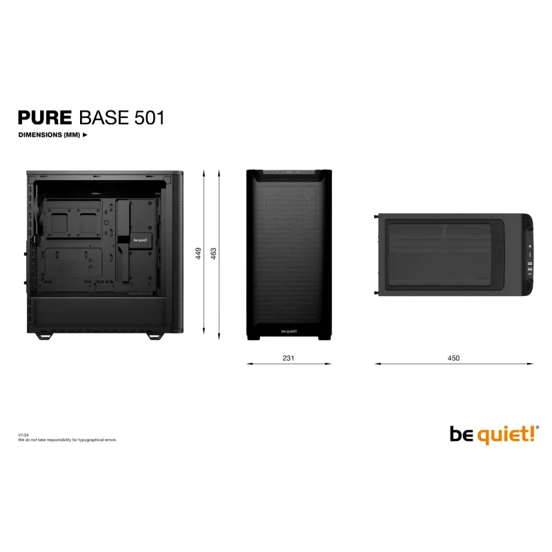PC korpusas bequiet! PURE BASE 501 Airflow Window MIDI Tower — ATX, grūdintas stiklas, 3x140/240mm palaikymas, 2x3,5 colio + 5x2,5 colio, USB-A x2, USB-C x1