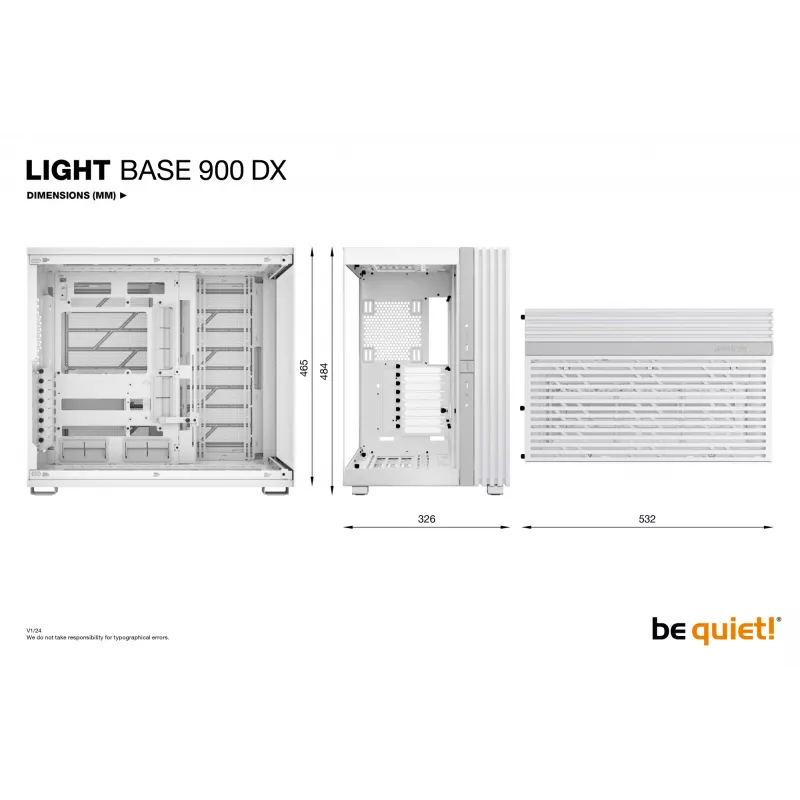 PC korpusas be quiet! LIGHT BASE 900 DX White Full Tower — ATX/EATX palaikymas, stiklinis šonas, kelių spalvų RGB, maks. GPU 495 mm, procesoriaus aušintuvo aukštis 190 mm