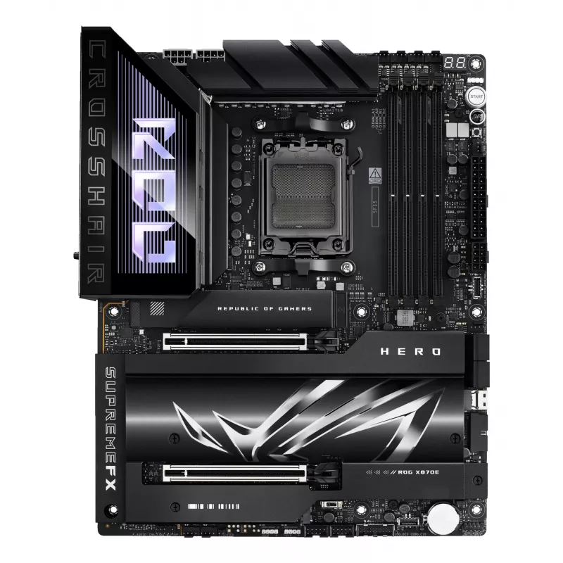 Pagrindinė plokštė ASUS ROG CROSSHAIR X870E HERO — AMD X870E, lizdas AM5, ATX, 4× DDR5 DIMM, 192 GB, Wi‑Fi 7, Bluetooth 5.4