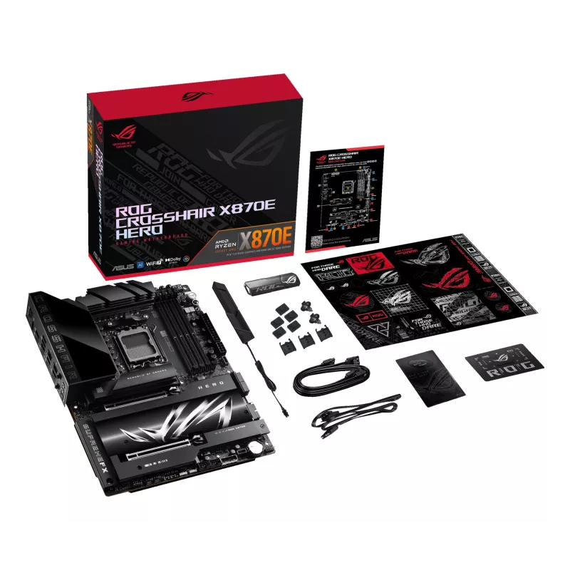 Pagrindinė plokštė ASUS ROG CROSSHAIR X870E HERO — AMD X870E, lizdas AM5, ATX, 4× DDR5 DIMM, 192 GB, Wi‑Fi 7, Bluetooth 5.4