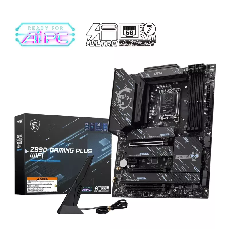 Pagrindinė plokštė MSI Z890 GAMING PLUS WIFI — Intel Z890, LGA 1851, ATX, DDR5, 4x DIMM, Wi‑Fi 7, 5Gb LAN, 4x M.2