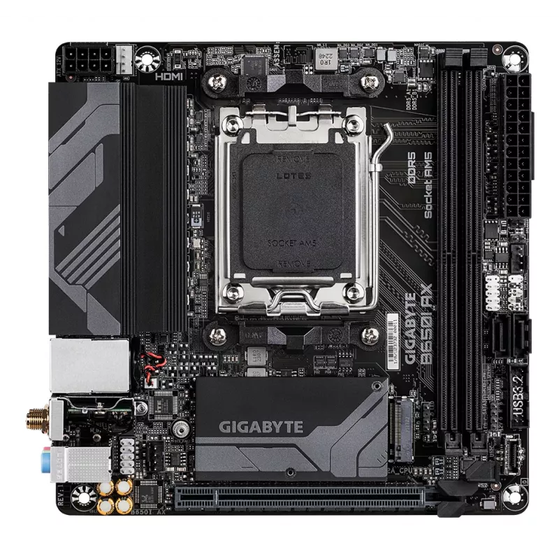 GIGABYTE B650I AX pagrindinė plokštė – AMD Ryzen 9000 serijos procesoriams, 5+2+1 fazių VRM, iki 6400MHz DDR5 (OC), 1xPCIe 4.0 M.2, 2.5GbE LAN, WIFI 6E, USB 3.2 Gen 2