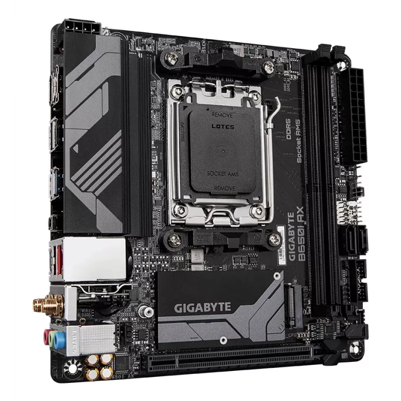 GIGABYTE B650I AX pagrindinė plokštė – AMD Ryzen 9000 serijos procesoriams, 5+2+1 fazių VRM, iki 6400MHz DDR5 (OC), 1xPCIe 4.0 M.2, 2.5GbE LAN, WIFI 6E, USB 3.2 Gen 2