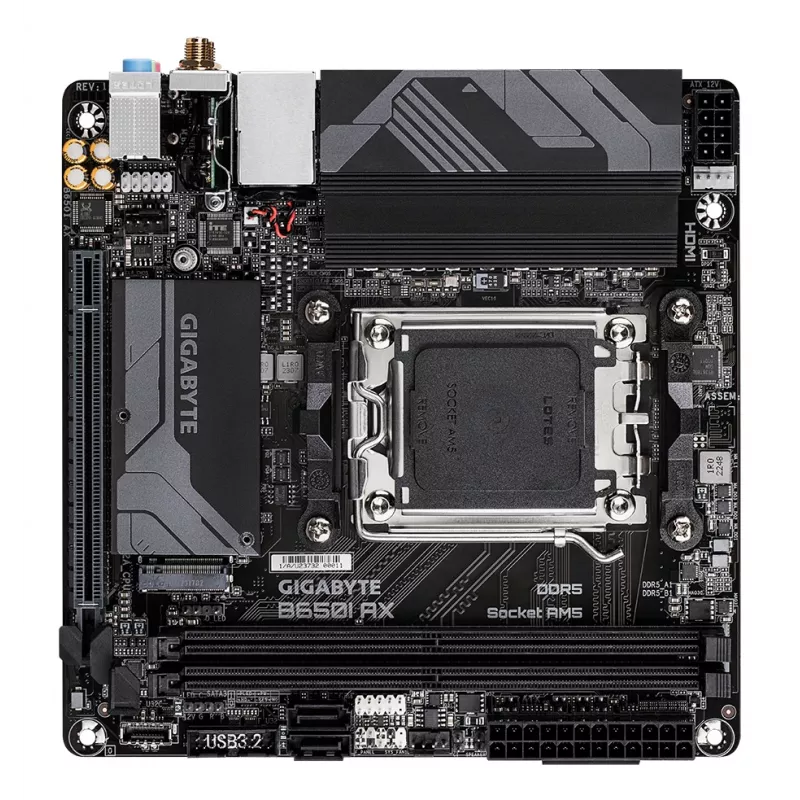GIGABYTE B650I AX pagrindinė plokštė – AMD Ryzen 9000 serijos procesoriams, 5+2+1 fazių VRM, iki 6400MHz DDR5 (OC), 1xPCIe 4.0 M.2, 2.5GbE LAN, WIFI 6E, USB 3.2 Gen 2