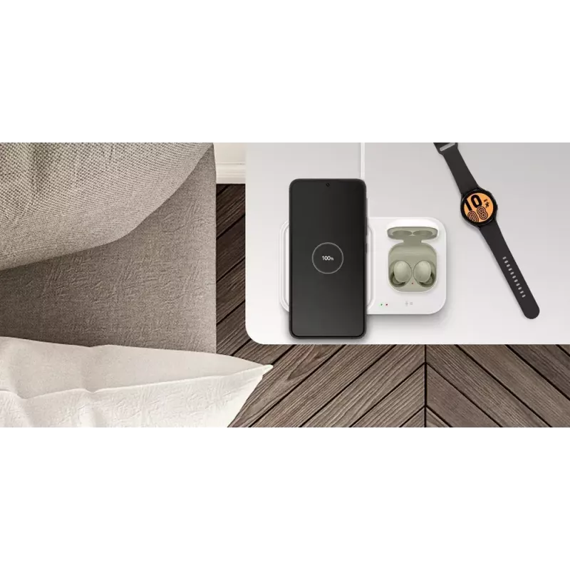 Belaidis įkroviklis Samsung EP-P5400, 15 W, pilka, USB vidaus įkroviklis, suderinamas su ausinėmis, išmaniaisiais telefonais ir išmaniaisiais laikrodžiais
