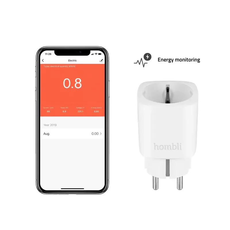 Išmanusis kištukas Hombli Smart Socket EU, Avanca International BV – Wi‑Fi, 220–250 V, 50–60 Hz, maks. 3540 W, patalpų, baltas, plastikinis, 46×46×84 mm