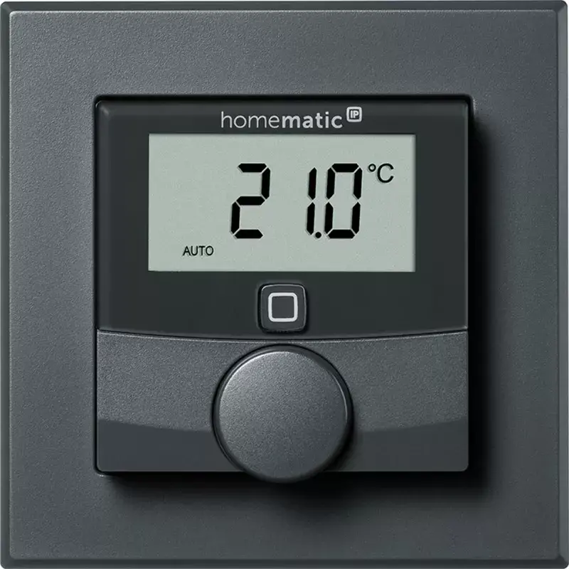 Sieninis termostatas HomeMatic HmIP-BWTH-A Antracitas 230V — kambario temperatūros valdiklis, maitinamas iš tinklo