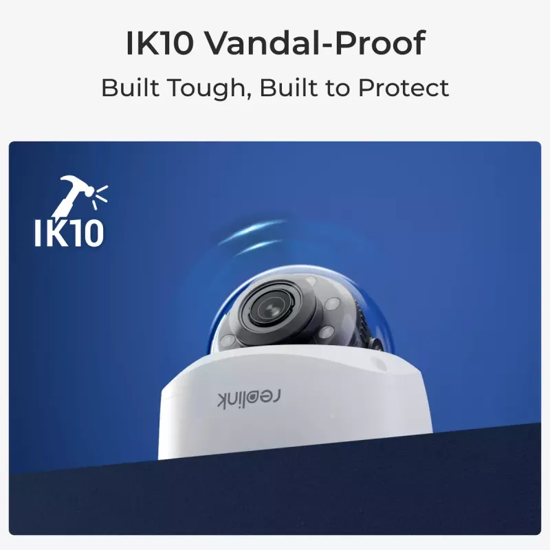 IP apsaugos kamera Reolink P437 4K kupolas, 8 MP 3840x2160, 5x optinis priartinimas, PoE (IEEE 802.3af), IK10, IP67, MicroSD palaikymas iki 256 GB