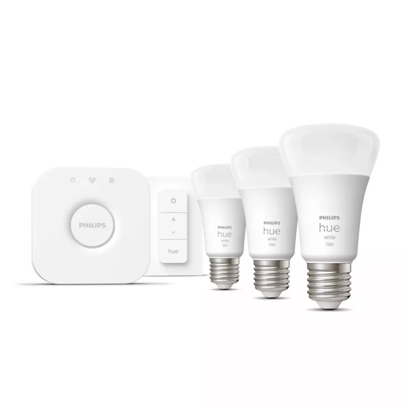 Philips Hue White pradinis rinkinys: 3 E27 išmaniosios lemputės (1100) + reguliatorius