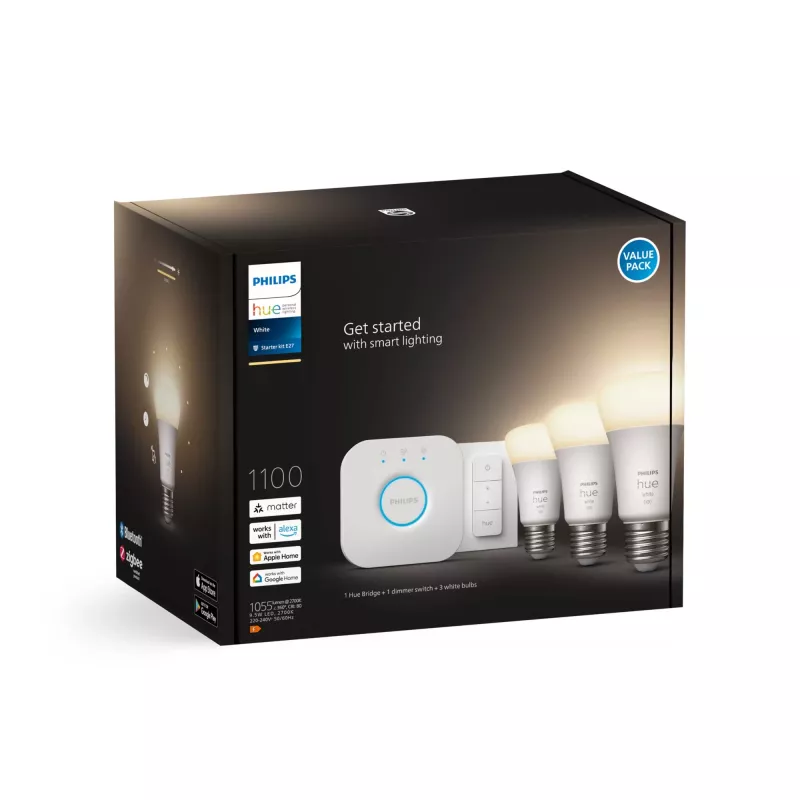 Philips Hue White pradinis rinkinys: 3 E27 išmaniosios lemputės (1100) + reguliatorius