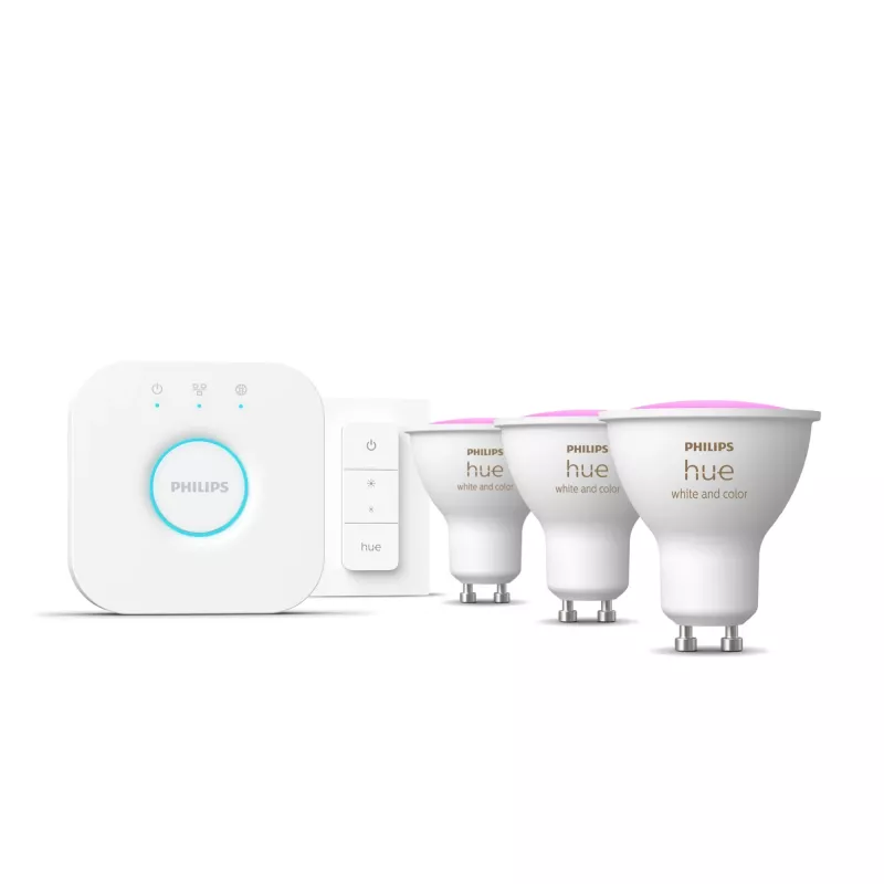 Philips Hue White and colour ambience Starter kit: 3 GU10 išmanieji prožektoriai + pritemdymo jungiklis