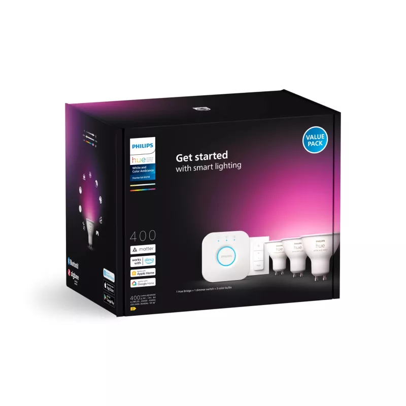 Philips Hue White and colour ambience Starter kit: 3 GU10 išmanieji prožektoriai + pritemdymo jungiklis
